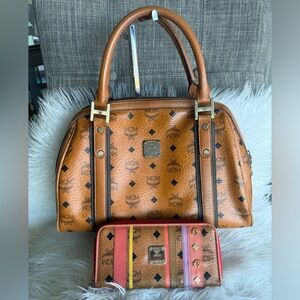 MCM Brown and Black Satchel with Red Wallet
